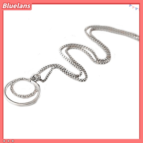 [BLS] Fashion Wanita Kotak Rantai Berlian Imitasi Bulat Lingkaran Liontin Sweater Kalung Perhiasan