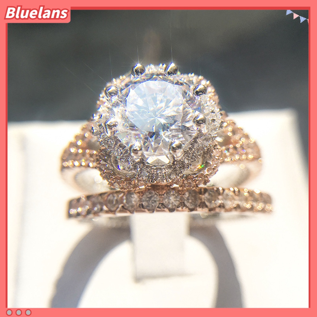 [BLS] 2 Pcs Temperamen Indah Kilau Terang Electroplating Engagement Rings Shiny Rhinestone Women Finger Rings Aksesoris Perhiasan