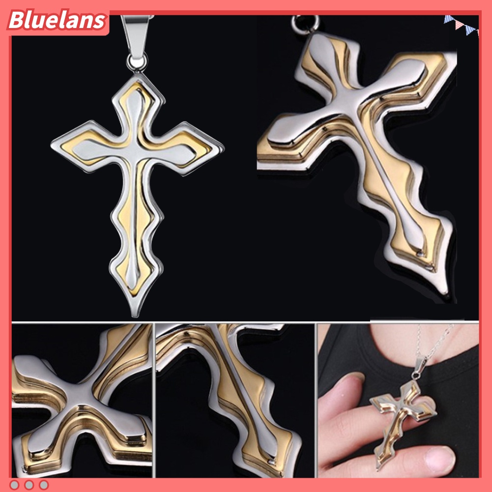 [BLS] 2 Pcs Pria Fashion Berlian Imitasi Bertatahkan Yesus Salib Liontin Rantai Kalung Hadiah