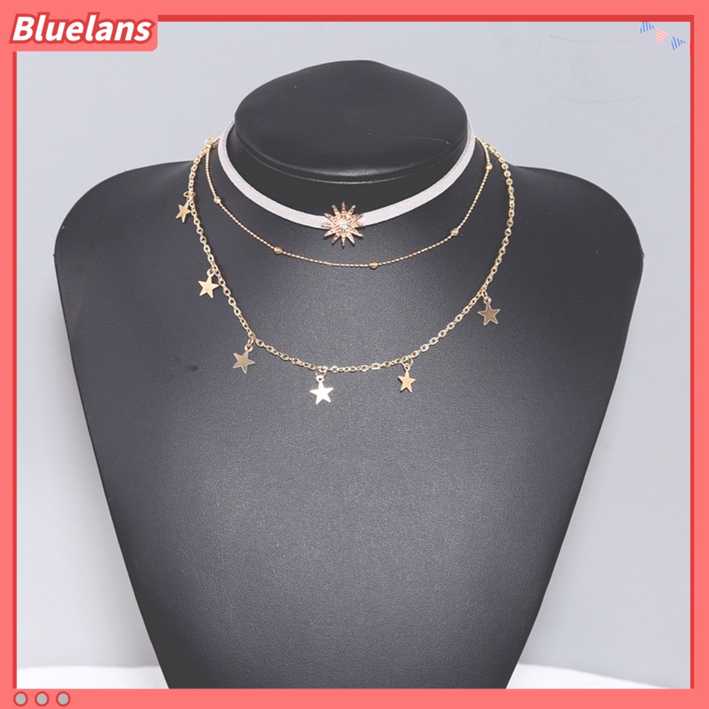 [BLS] 3 Pcs Wanita Kalung 3lapis Matahari Bintang Perhiasan Berlian Imitasi Bersinar Choker Kalung Untuk Pesta Pernikahan Perjamuan Prom