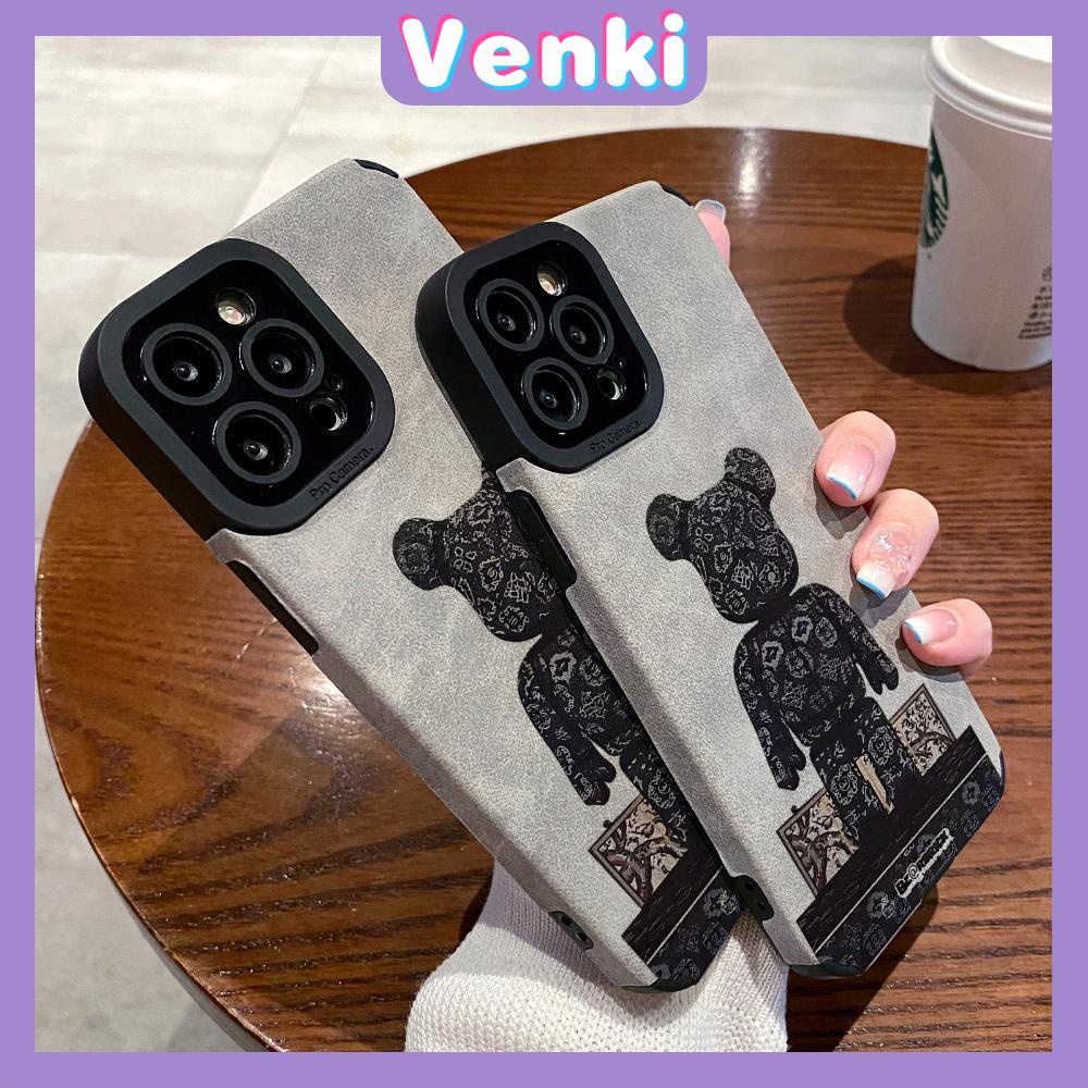 VENKI - Untuk iPhone 11 Case Leather Pupil Suede Cover Soft Shockproof Case Camera Simple Cute Black Bear Kompatibel dengan iPhone 14 13 Pro max 12 Pro max xr xs 7Plus 8Plus