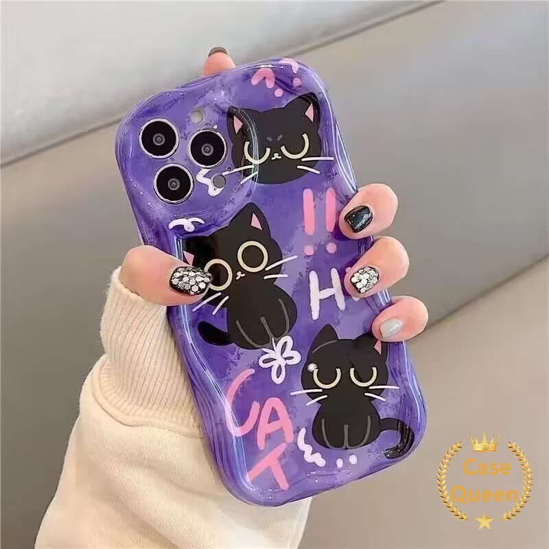 IPHONE Casing Kotak-Kotak Leopard Kucing Lucu Kompatibel Untuk Iphone11 12 14 13 Pro MAX XR XS X MAX 8 6 7 6S Plus SE 2020 7Plus Kartun Smiley 3D Wavy Curved Edge Dog Love Heart Soft Cover