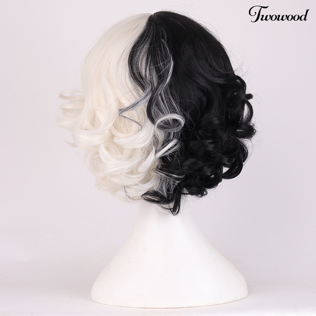 Twowood Cruella Wig Vivid Styles Wavy Skin-Friendly Deville Cosplay Wig Curly Half White Black Wig Untuk Perempuan