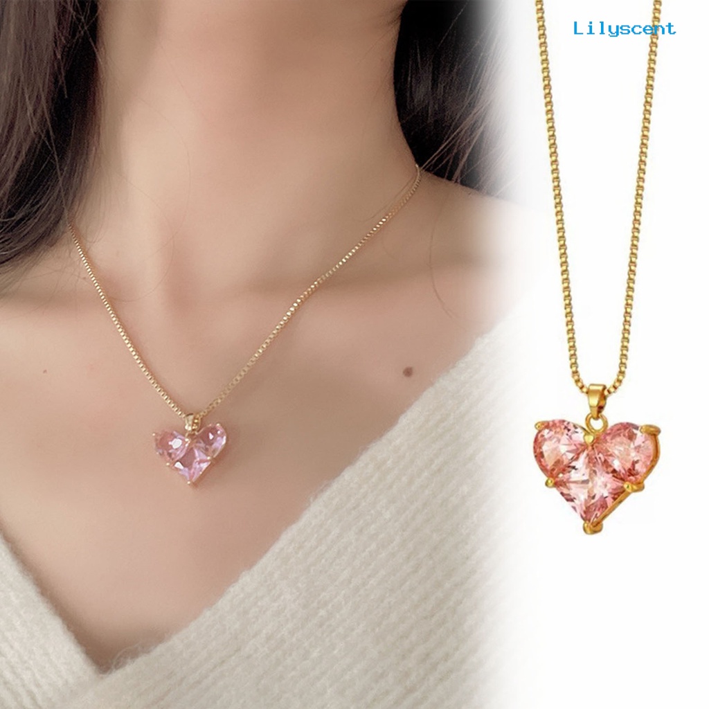 [LS]Ladies Kalung Cubic Zirconia Bersinar Bentuk Geometris Menawan Tahan Aus Berdandan Hypoallergenic Merah Muda Bentuk Hati Liontin Kalung Perhiasan Aksesori