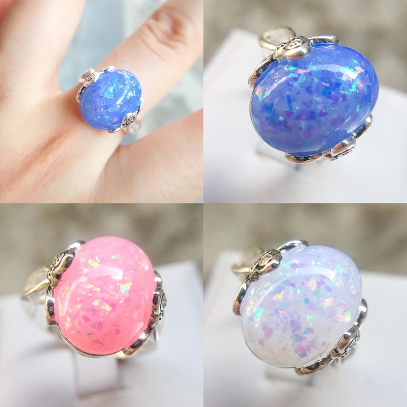 Opal Rings Natural Opal Colorful Light Gemstone Silver Band Ring Perhiasan Mewah Untuk Wanita Dainty Party Gift