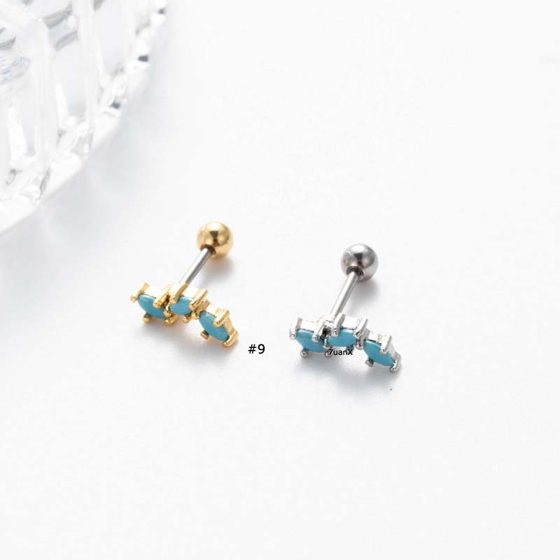 1biji Biru Buatan Batu Tulang Rawan Helix Tragus Tindik 20Gauge Lobe Anting-Anting Stainless Steel Barbel Ganda Kepala Manik