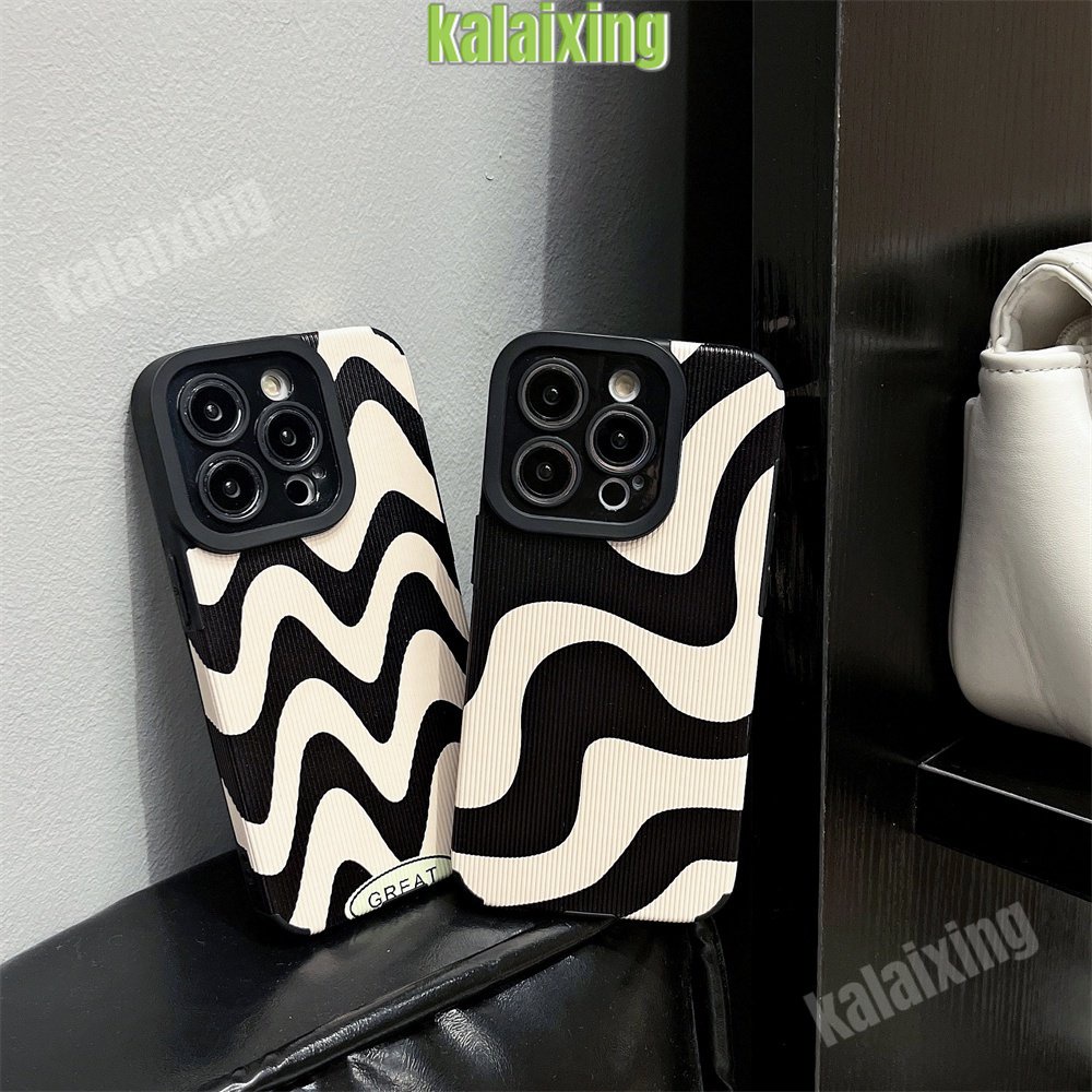 IPHONE Soft Case Kulit Garis Hitam Retro Untuk Iphone14Plus14 13 12 11 Pro Max X XR Xs Max7 8 Plus Dengan Perlindungan Lensa Back Cover