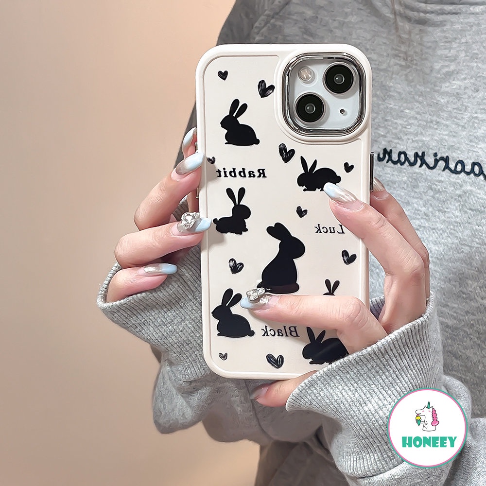 Casing Motif Love Rabbit Full Layar Gaya Untuk iPhone 11 Pro Max12 13 14 Pro Max7 8Plus Xr Xs Motif Hitam Sederhana Shockproof Back Cover