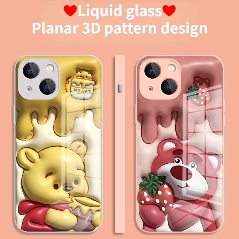 IPHONE Casing Keras Kaca Beruang Strawberry Kartun Datar 3D Cocok Untuk Iphone14 13 12 11 Pro Max Cat Metalik Anime Winnie Bear Print Pelindung Case