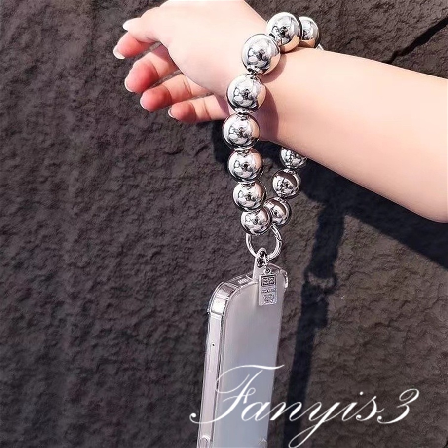 Electroplated Silver Bead Ponsel Case Rantai Anti-Lost Lembut Tembikar Lanyard Mutiara Manik-Manik Akrilik Warna-Warni Portabel Pergelangan Tangan Tali Liontin