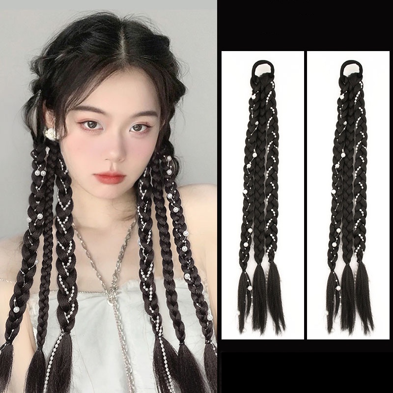 Fashion Wig Panjang Ponytail Kepang Tali Rambut Mutiara Rantai Wig Ikat Rambut Wanita Aksesoris Rambut