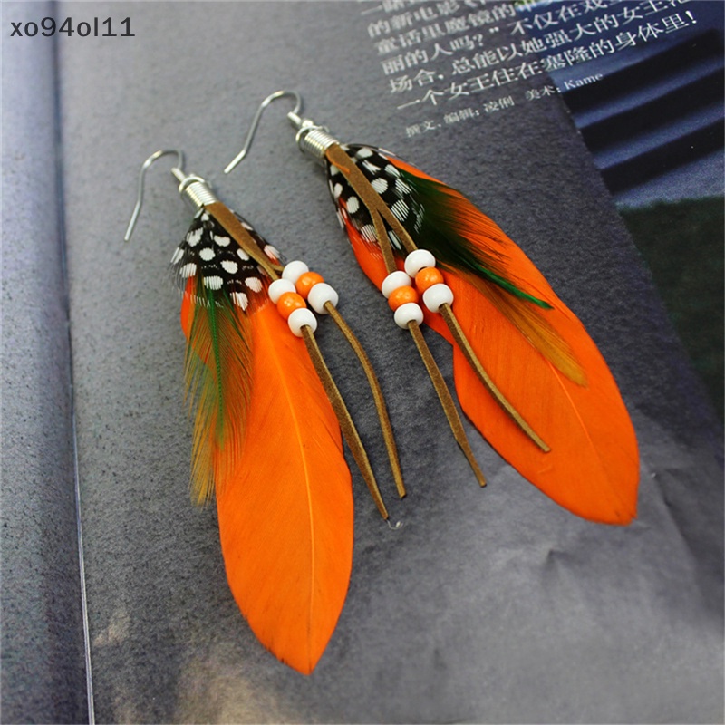 Xo Fashion Rumbai Menjuntai Anting Bulu Kulit Manik-Manik Anting Bulu India OL