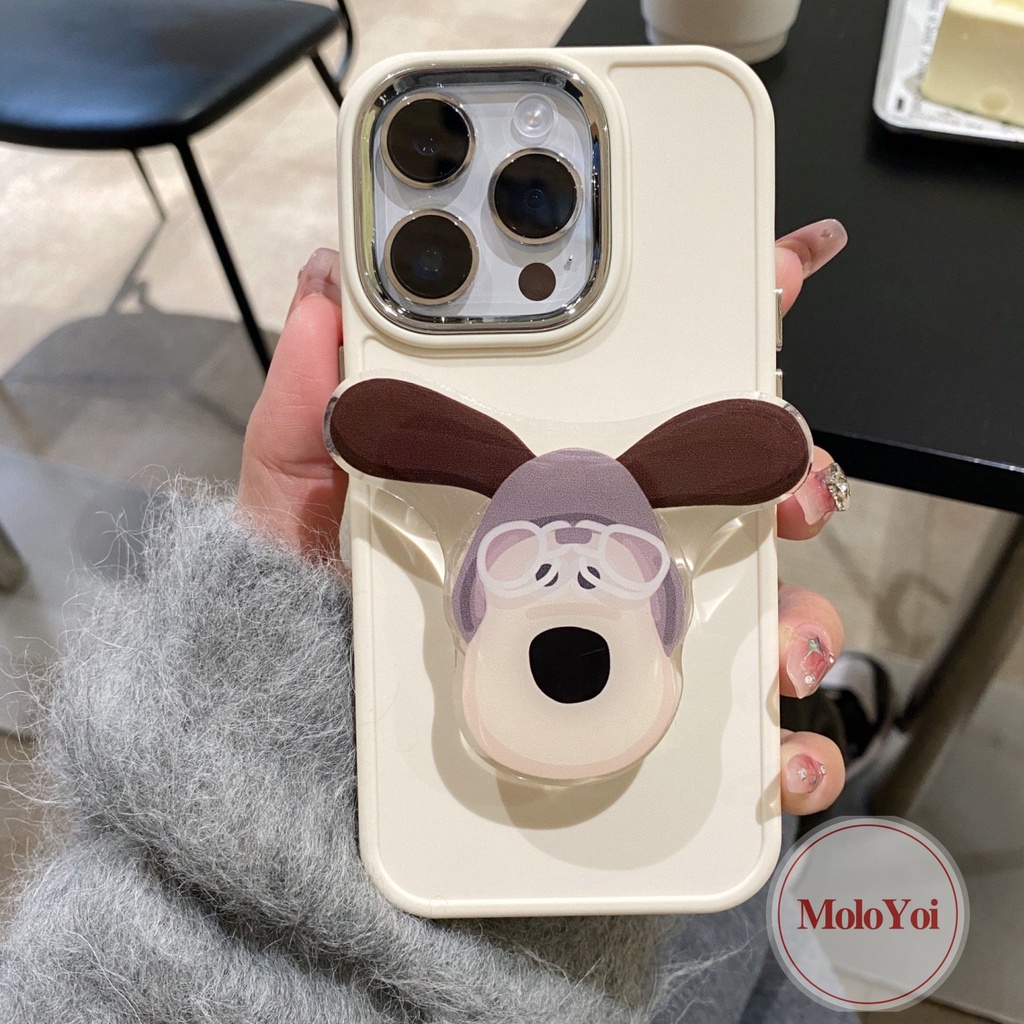 Warna Solid Casing Bingkai Lensa Logam Plating Sederhana Kompatibel Untuk IPhone XR XS X Max11 14 13 12 Pro Max8 7 Plus Kartun Puppy Bear Fries Pisang Aksesoris Bracket Soft Cover