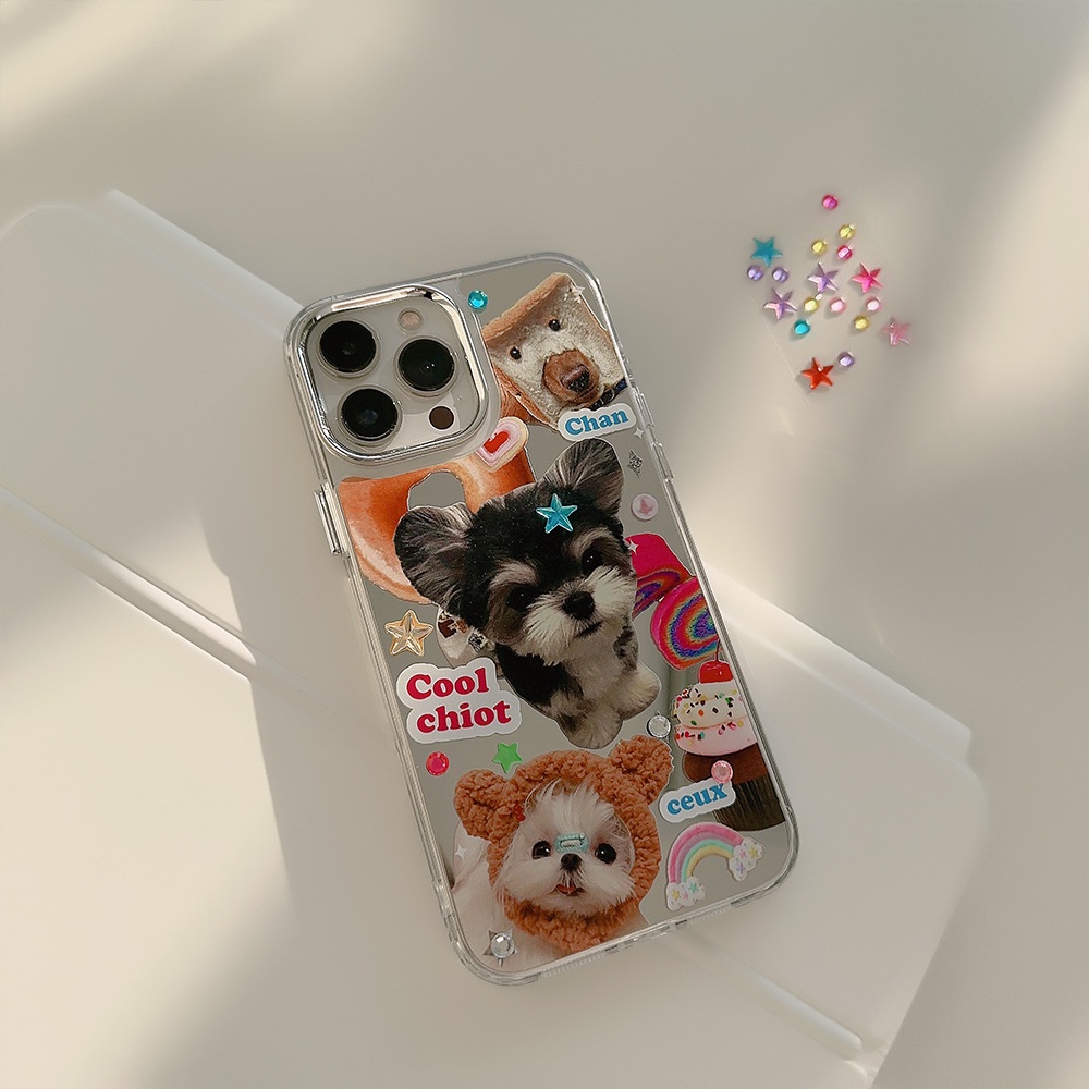 IPHONE Hewan Lucu Pasangan Kekasih Ponsel Case Puppy Dog Cat Electroplated Camera Frame Cover Dengan Manik-Manik Berlian Imitasi Stiker Untuk Iphone11 12 13 14 PRO MAX