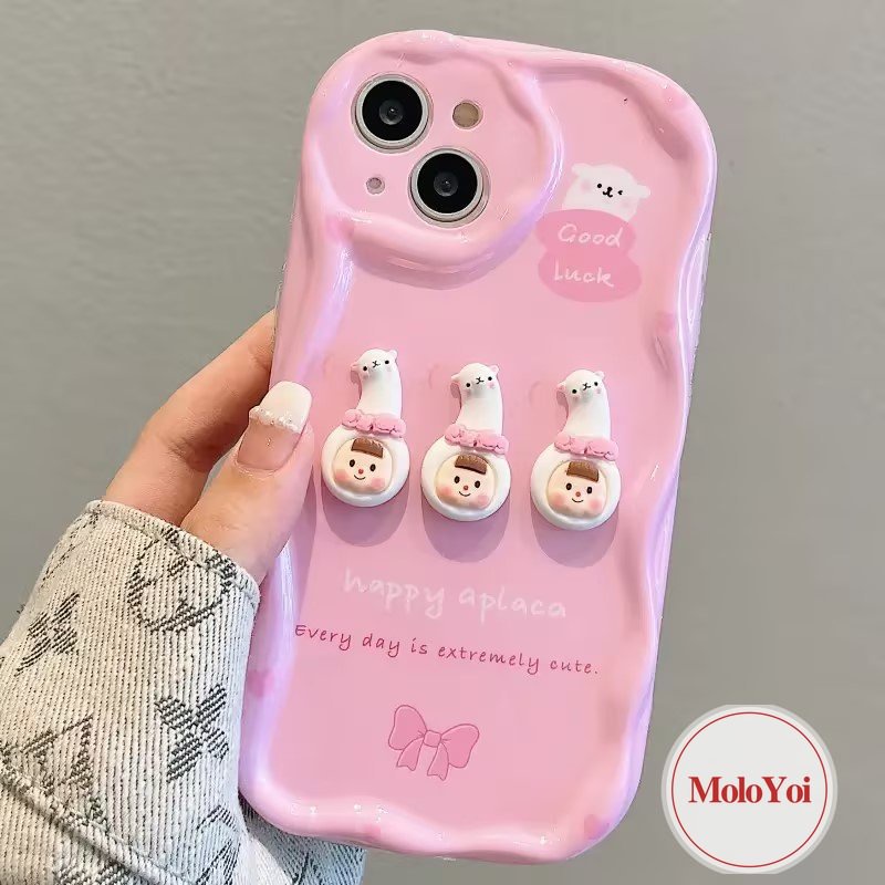 IPHONE Casing 3D Wavy Curved Edge Glossy Kompatibel Untuk Iphone11 12 14 13 Pro Max 7Plus XR XS X Max6 6s 7 8 Plus Se2020 Boneka 3D Pink Kartun Lucu Alpaka Cewek Soft Cover