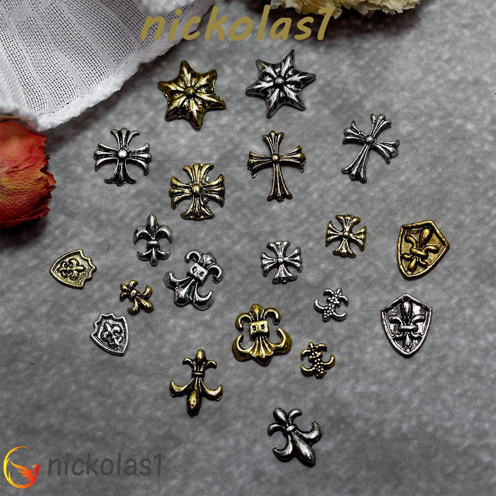 Nickolas1 Pesona Kuku Punk 50 Pcs Gaya Retro Rock Emas Perak Crowe Jantung Paku Keling Nail Art Dekorasi