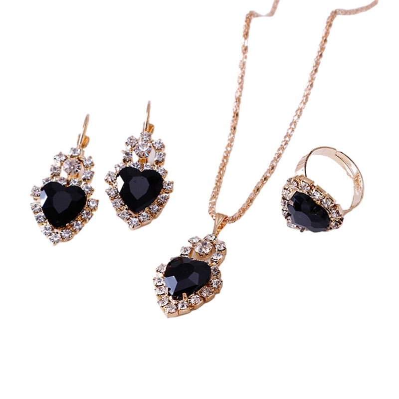 Kalung Liontin Anting Cincin Set Untuk Wanita Gadis Fashion Berlian Imitasi Cinta Hati Kristal Perhiasan Leher Rantai Telinga Cincin Emas Pribadi Penuh Berlian Klip Telinga Hadiah Untuk Her