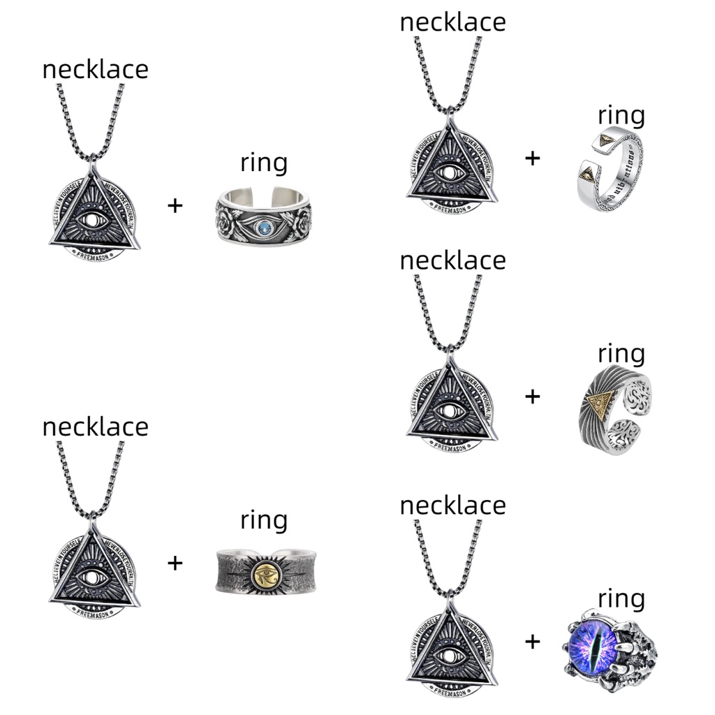 Set Cincin Kalung Mata Set Horus Demon, Kalung Rantai, Cincin Buka Mata Horus