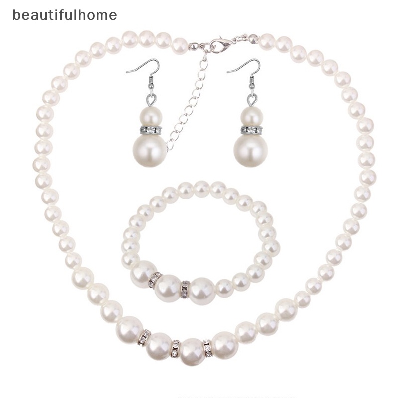 {beautifulhome} Wanita Kristal Mutiara Kalung Gelang Anting Pernikahan Pesona Perhiasan Set Hadiah.