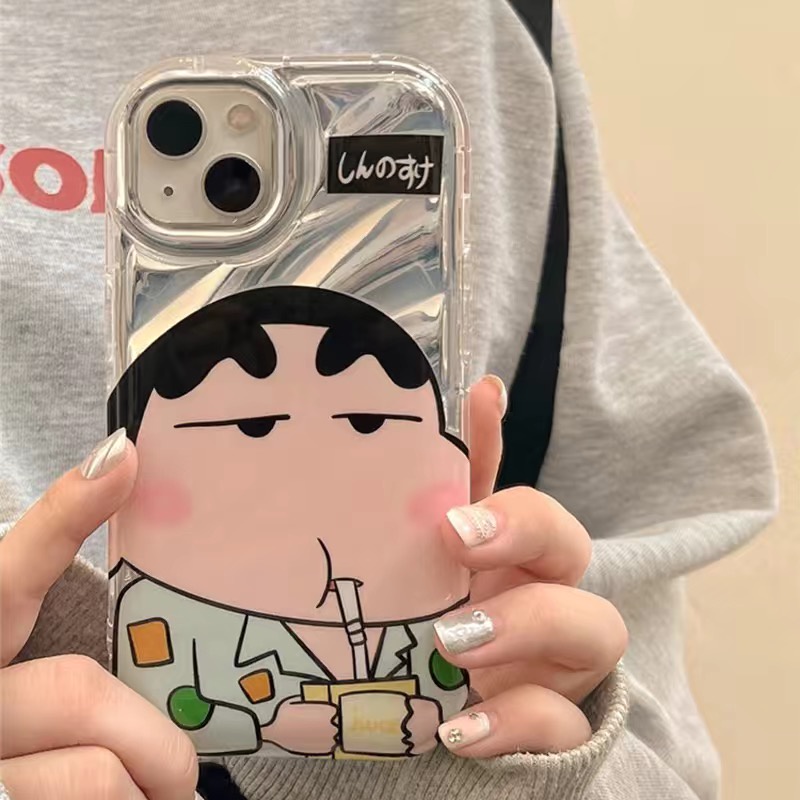 【Sunglasses Shin-chan】So Cool Laser Wave Gradient Silver Airbag SoftCase IPhone 11 12 13 14 Pro Max X XR XS MAX 14 Plus Protect Case girl women's Fashion Cute Phone Case