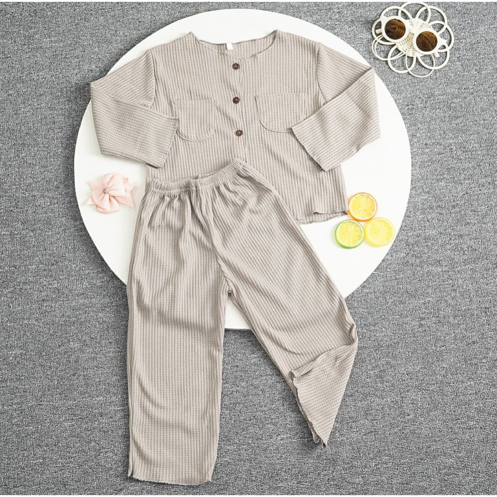 BEFAST - ZFS OOTD WANITA ONESET LELI / LIME WAFFLE SETELAN ANAK PEREMPUAN / Oneset Anak Perempuan Terbaru / Pakaian Casual Anak-Anak / Set Atasan Lengan Panjang+Celana Panjang / Fashion Kekinian Anak-Anak perempuan Terlaris