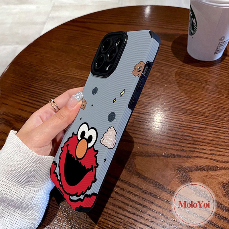 Ins Trendi Merek Merah Sesame Street Pasangan Tekstur Kulit Case Kompatibel Untuk IPhone XR X XS Max 7Plus 11 14 13 12 Pro Max7 8 Plus Shockproof Cover