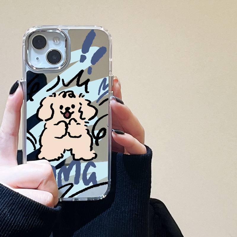 IPHONE Kartun Anjing Lucu Cermin Ponsel Case Kompatibel Untuk Iphone11 12 13 14 12Pro 13Pro 14Pro Pro Max XR X XS Max Electroplating Tombol Perlindungan Mirror Cover