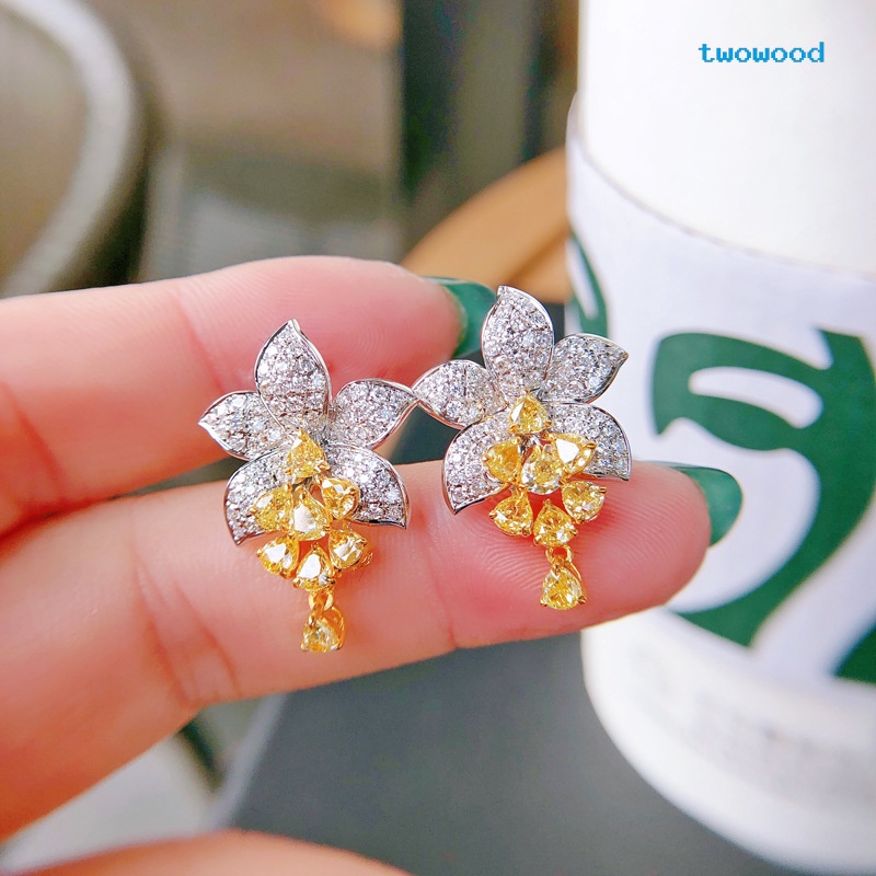 Twowood Mewah micro-studded diamond Asscher Berlian Kuning Bunga stud Anting ins Gaya Desainer senior Perhiasan custom