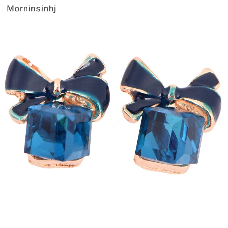 Mornin Biru Kristal Berlian Imitasi Enamel Bow Ear Stud Ikatan Simpul Anting Hadiah Wanita Perhiasan id