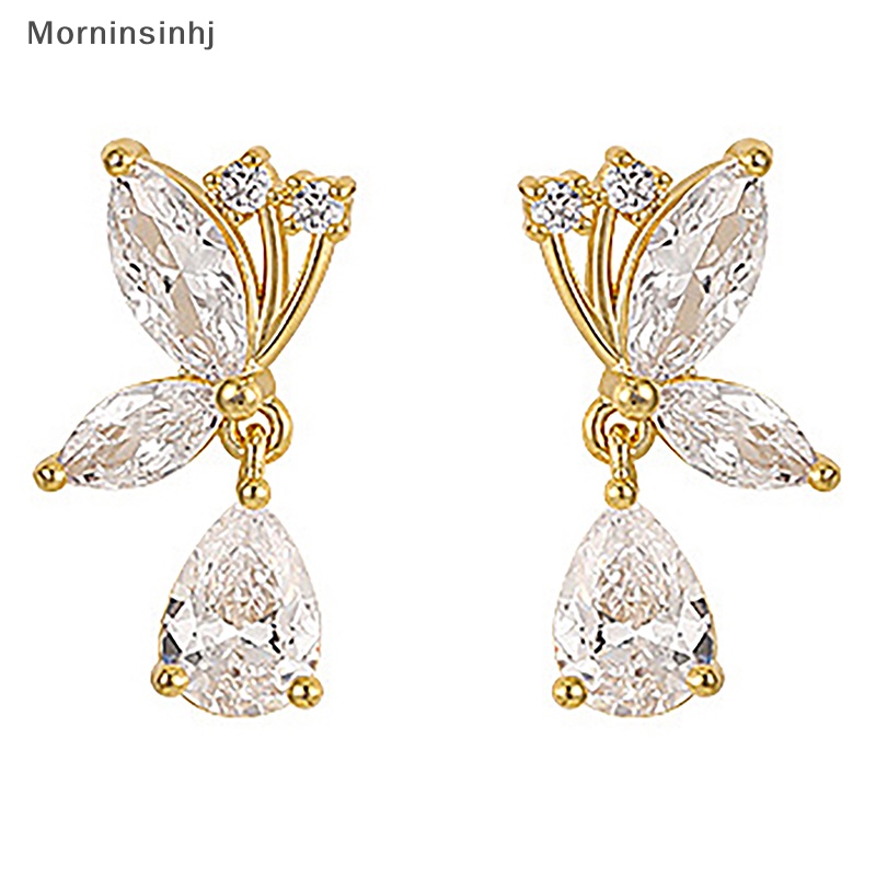 Mornin 1pasang Fashion Warna Silver Stud Earrings Vintage Butterfly Shiny Zircon Ear Stud Untuk Wanita Aksesoris Pesta Perhiasan Hadiah id
