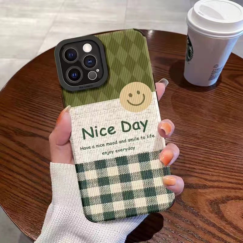 Leather Nice day Smile Green Soft Case for Samsung A21S A12 A50S A30S A20 A30 A32 A22S A52S A72 A10S A33 A53 A73 A13 A04S A23 A51 A71 A31 White Phone Case for Women Girl