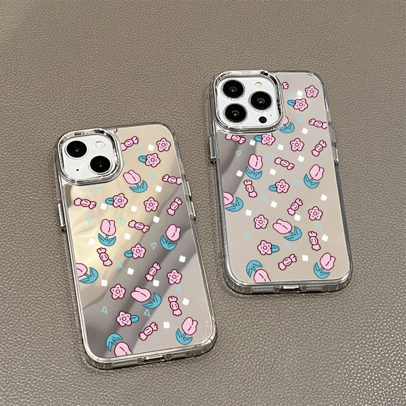 IPHONE Casing Ponsel Cermin Permen Dan Bunga Pink Kompatibel Untuk Iphone11 12 13 14 12Pro 13Pro 14Pro Pro Max XR X XS Max Electroplating Tombol Perlindungan Mirror Cover