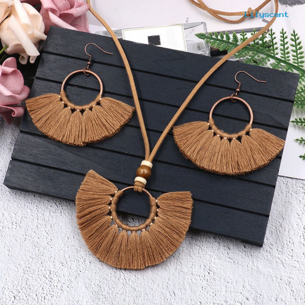 [LS]Bohemian Wanita Bulat Liontin Fringe Rumbai Tali Kalung Anting Set Perhiasan