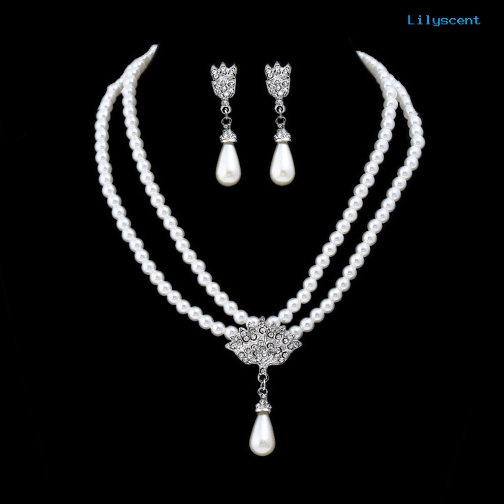 [LS]1 Set Kalung Anting Pengantin Dua Lapis Mutiara Imitasi Perhiasan Adjustable Tahan Lama Stud Earrings Necklace Untuk Pernikahan