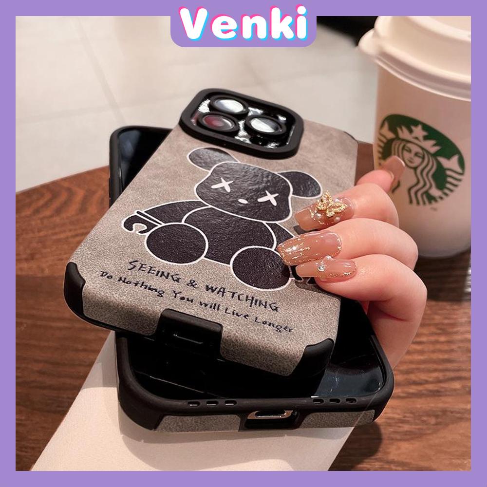 VENKI - Untuk iPhone 11 Case Leather Pupil Suede Case Soft Shockproof Phone Case Camera Protection Simple Grey Cute Bear Kompatibel dengan iPhone 14 13 Pro max 12 Pro max xr xs 7 8Plus