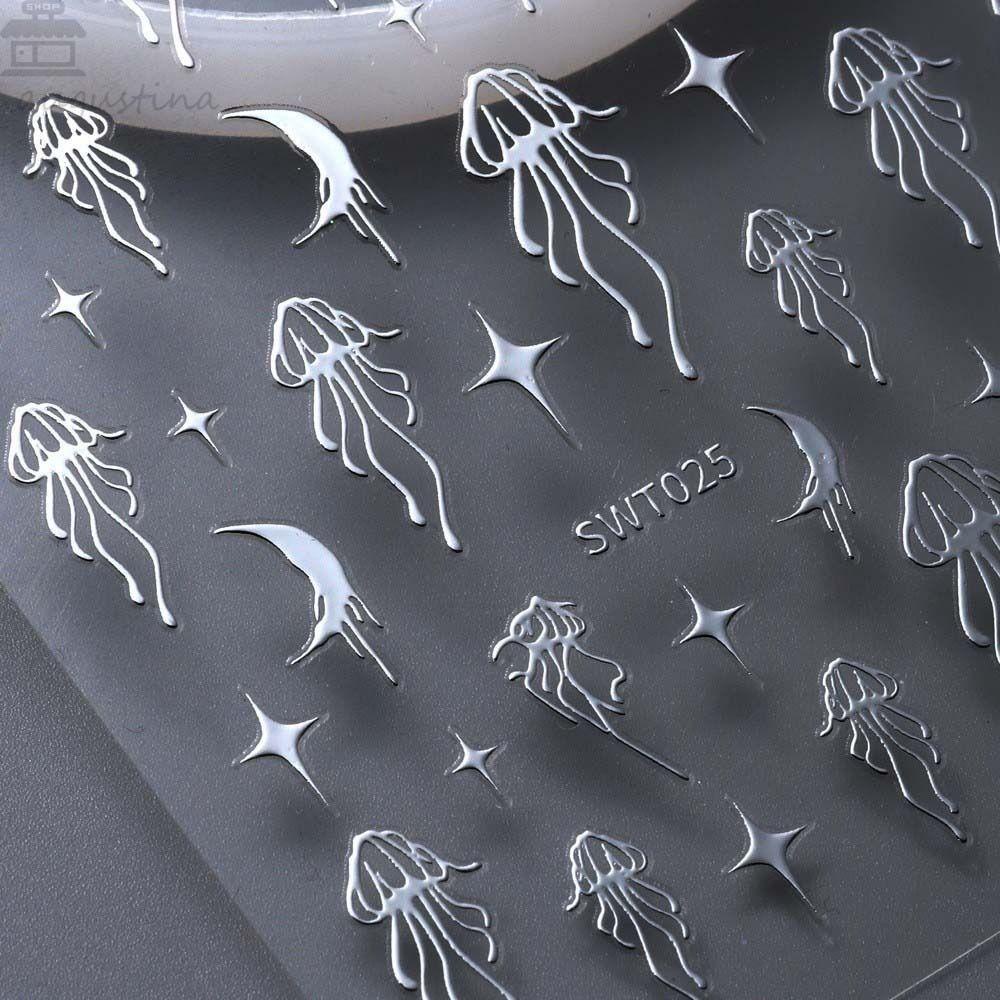 Agustinina Stiker Kuku Bintang Perekat Diri Aurora Ubur-Ubur DIY Nail Art Dekorasi Kuku