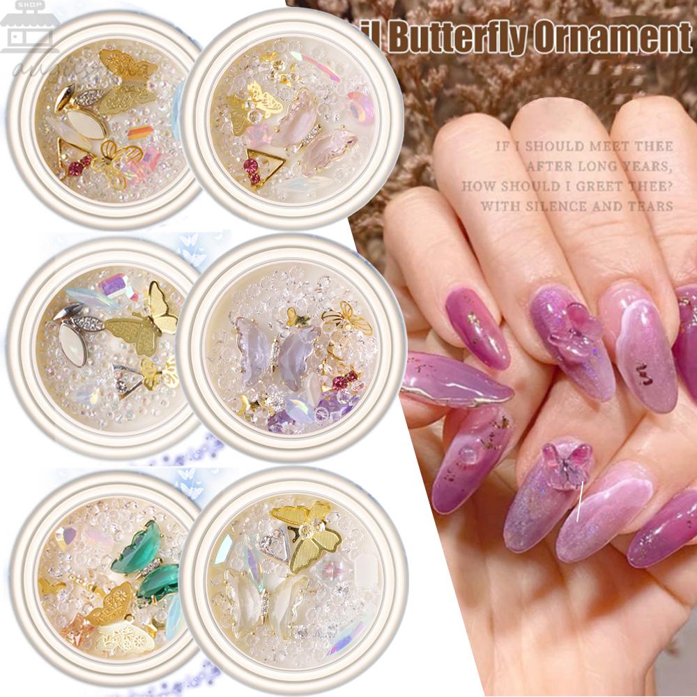 AUGUSTINA Agustina Butterfly Nail Rhinestones DIY Berlian Mengkilap Paduan Bunga Ukuran Campur Hiasan Kuku