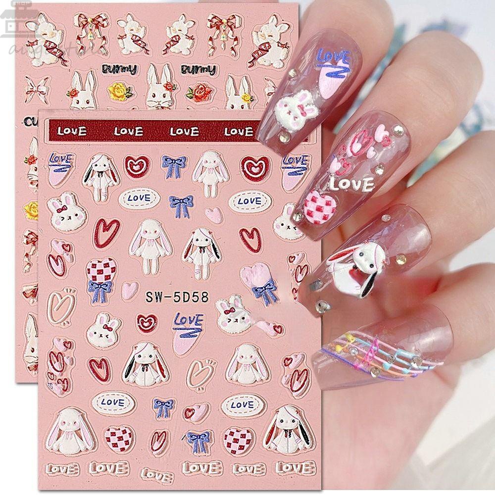 AUGUSTINA Agustina Stiker Kuku Kelinci Lucu Manis Timbul DIY Nail Sliders Bunny Pattern Manicuring Foils