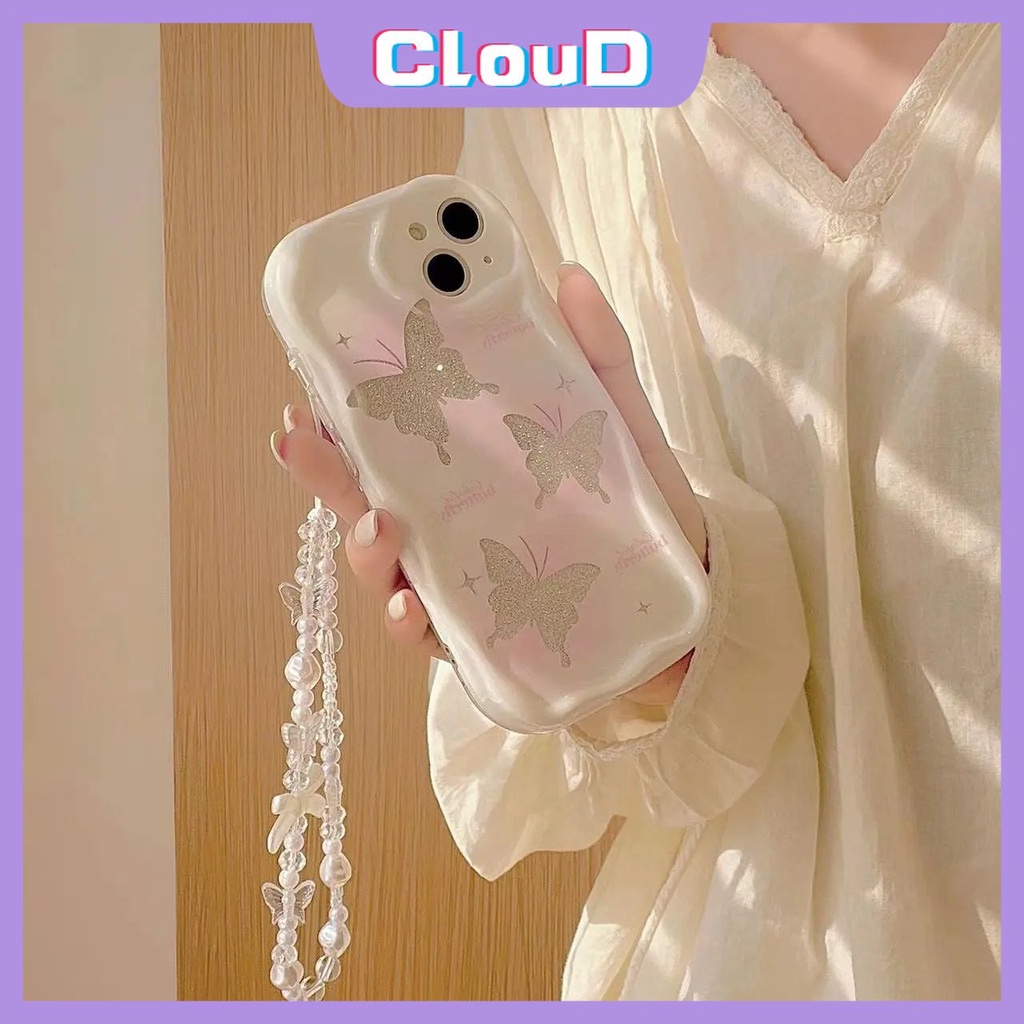 IPHONE Case Kompatibel Untuk Iphone11 13 14 12 Pro Max7 8 Plus XR 6 6s X XS Max Se2020 3D Wavy Curved Edge INS Korea Glitter Fantasy Butterfly Case Dengan Lanyard Rantai Mutiara