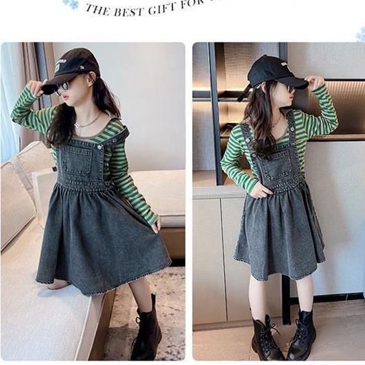 CHUBBI 24 Dress Overall 2in1 Anak Besar Perempuan Striped Jeans