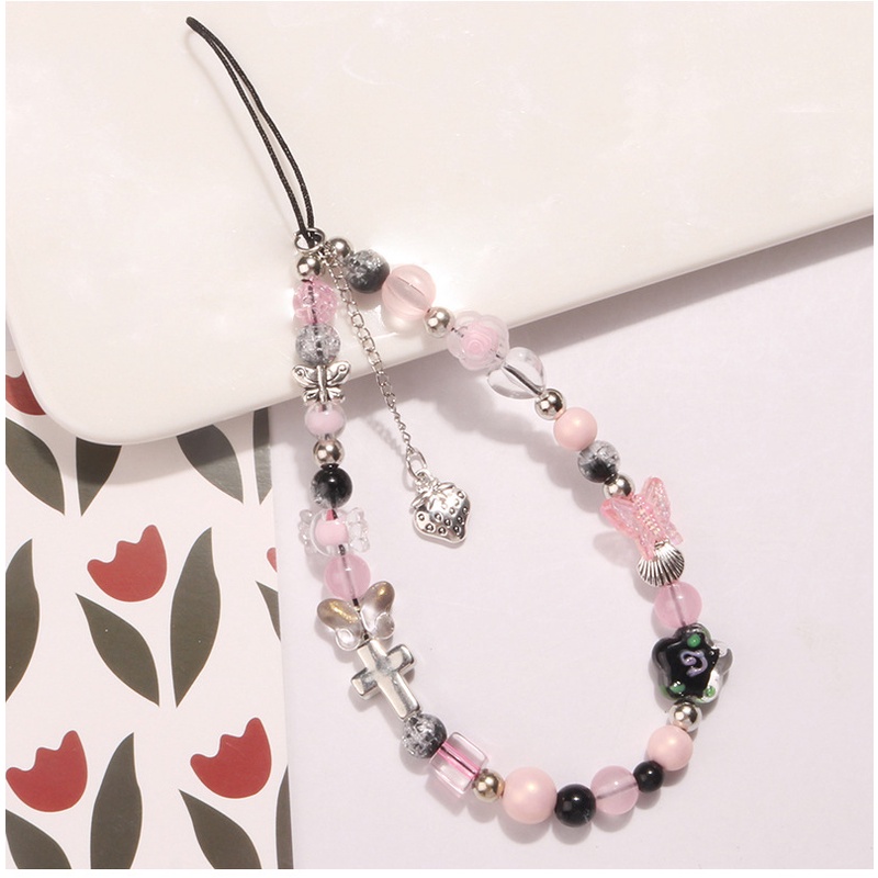 Liontin Strawberry Logam Akrilik Manik-Manik Kupu-Kupu Merah Muda Ponsel Strap Rantai Untuk iPhone Untuk Samsung Untuk OPPO Untuk VIVO Untuk Huawei Untuk Redmi Untuk Xiaomi Universal Bluetooth Earphone Case