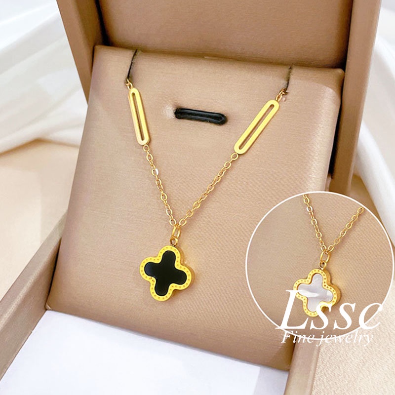 Kalung Titanium Bunga Clover Hitam Aesthetic Cantik Korea Emas 18K Anti Karat Aksesoris Wanita Perhiasan