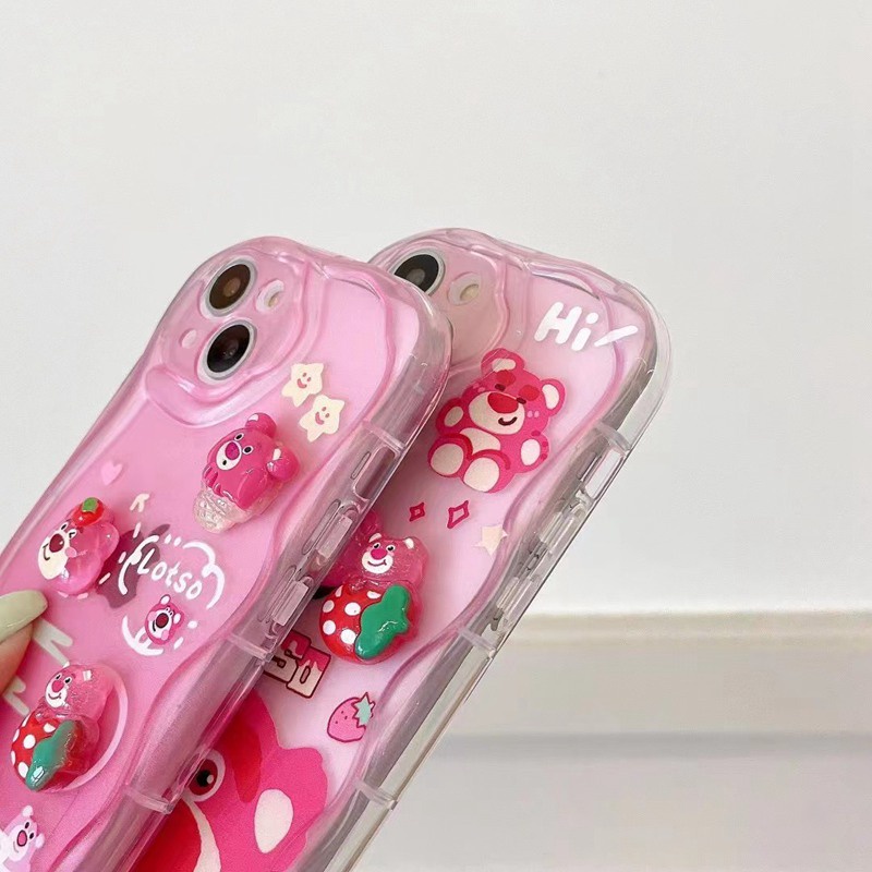 3D Ice Cream Strawberry Bear Lotoso Soft Case IPhone XR XS MAX 11 12 13 14 Pro Max 14 Plus New Apple for Women Girls Gift Bracelet Airbag Case Pink Red Cute Cartoon