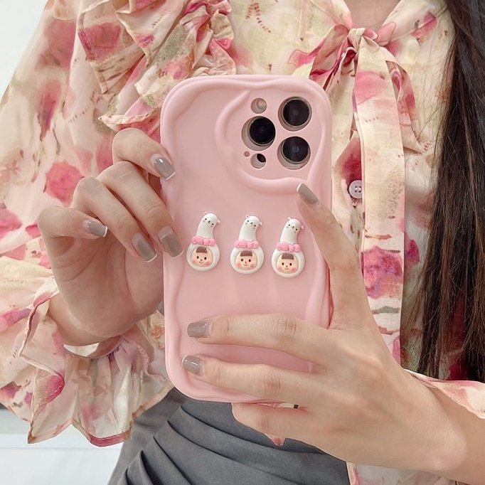 Macaron Pink Wave Alpaca Girl Soft Silicon Case HP iP iPhone 6 6S 7 8 14 + Plus SE 2020 2022 X XS XR 11 12 13 Pro Max Casing