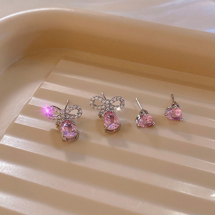 4 Pcs Mewah Pink Batu Permata Hati Kristal Ikatan Simpul Stud Anting Set Untuk Wanita Hypoallergenic Perhiasan Aksesoris