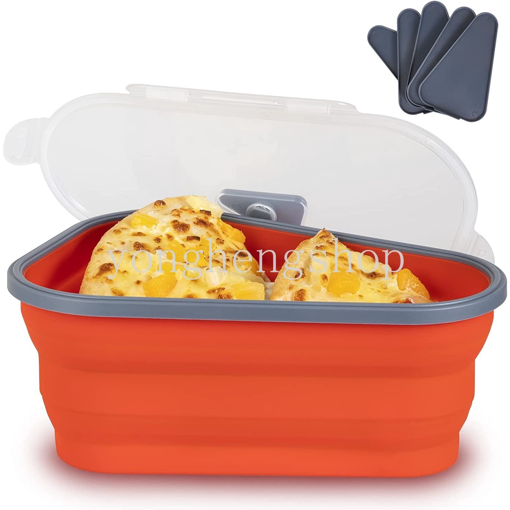 Portable Silicone Reusable Pizza Packing Box Wadah Irisan Pizza Segitiga Dapat Dilipat Dengan 5nampan Saji Microwavable Lunch Bento Box Penyimpanan Makanan Dapur