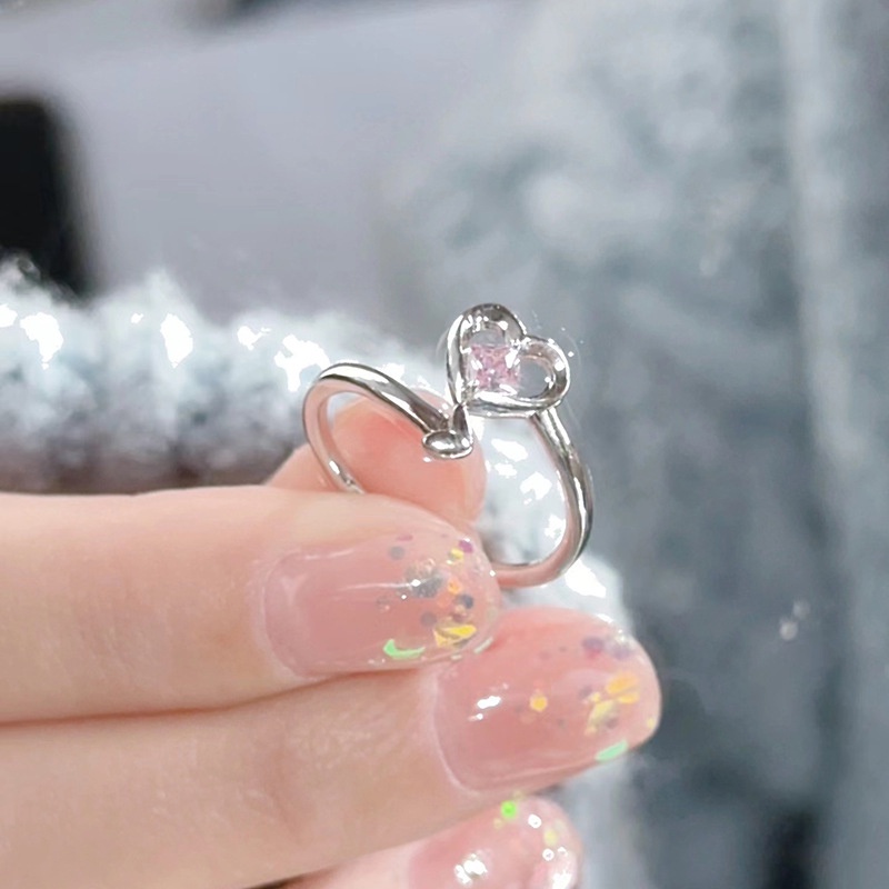 Cincin Jari Hati Kristal Pink Lucu Untuk Wanita Lady Imp Tail Opening Rings Perhiasan Hadiah Pesta