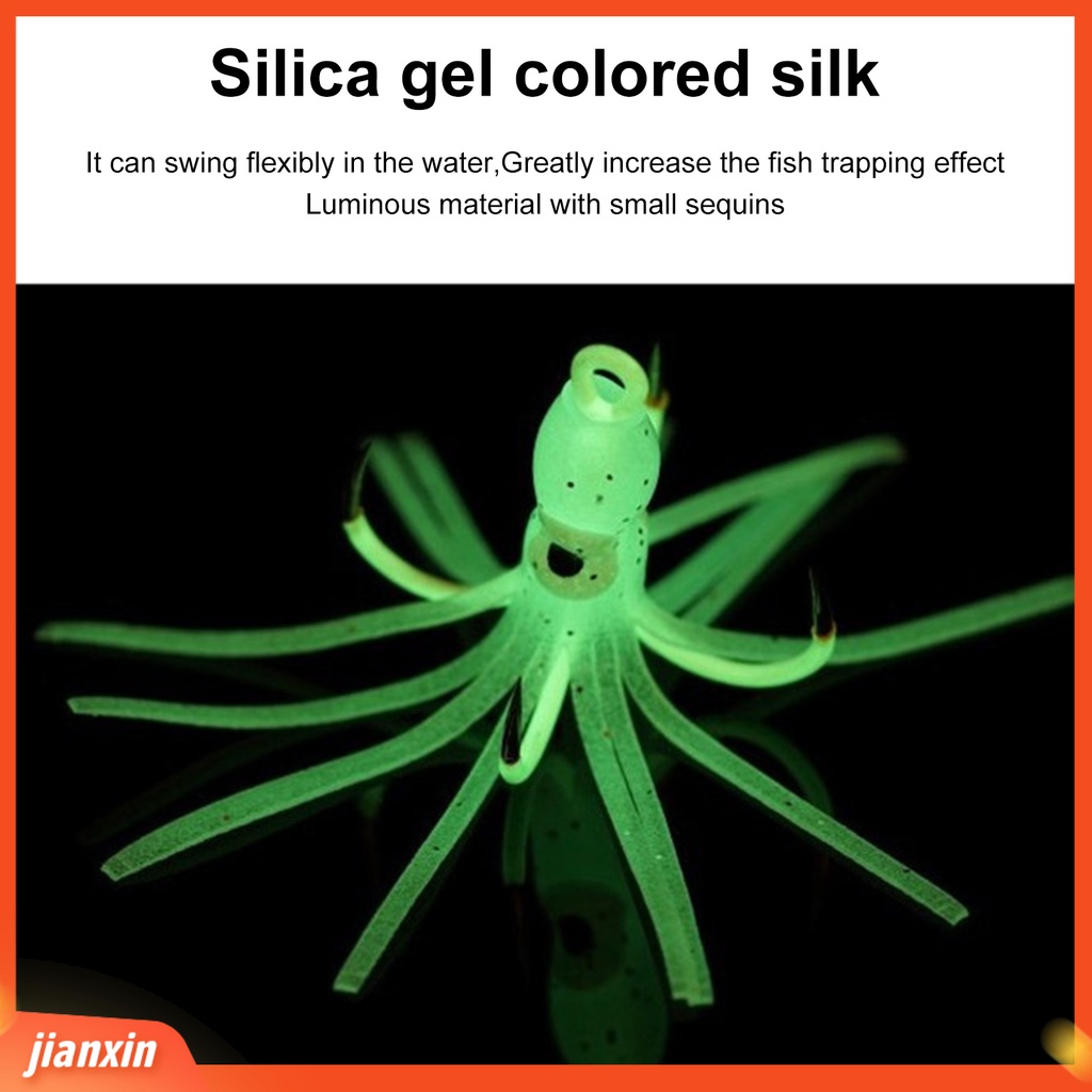 (In Stock) 8Pcs /Box Umpan Gurita Silikon Luminous Reusable Umpan Gurita Lembut Dengan Empat Kait Untuk Memancing