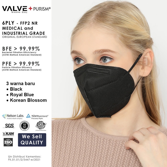 Masker Medis ValvePlus Purism FFP2 NR 6 Ply Box - Hitam
