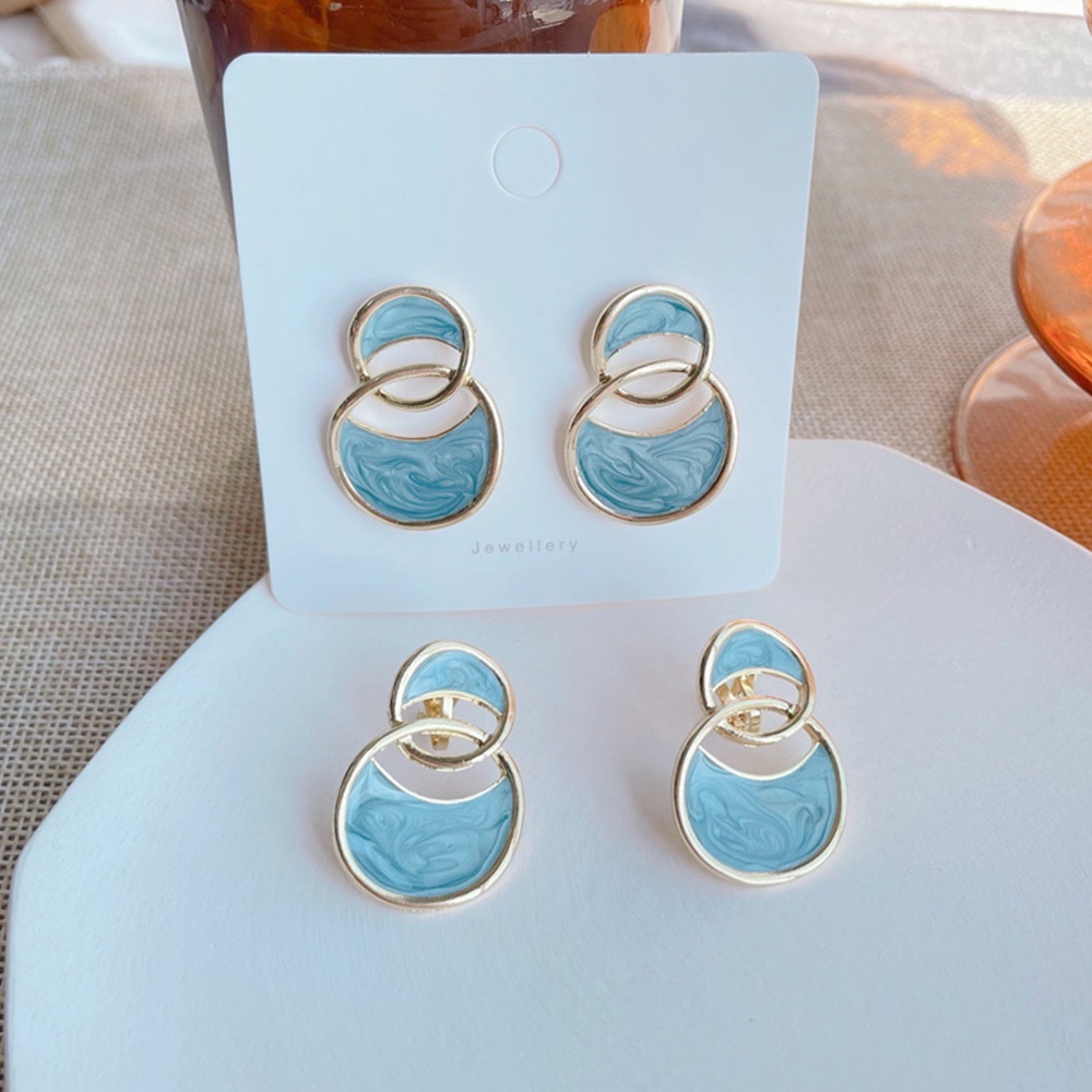 Anting Klip Bulat Geometris Biru Untuk Perhiasan Enamel Wanita Non Tindik Ear Cuff